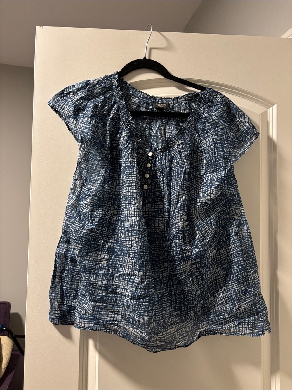 Talbots Blue Patterned Short-Sleeve Peasant Blouse